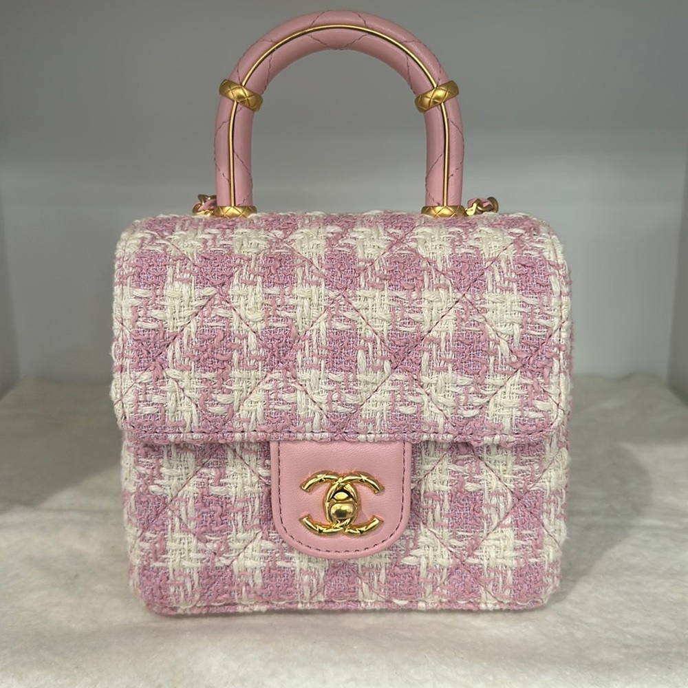 Chanel Pink Quilted Tweed Top Handle Bag 2023